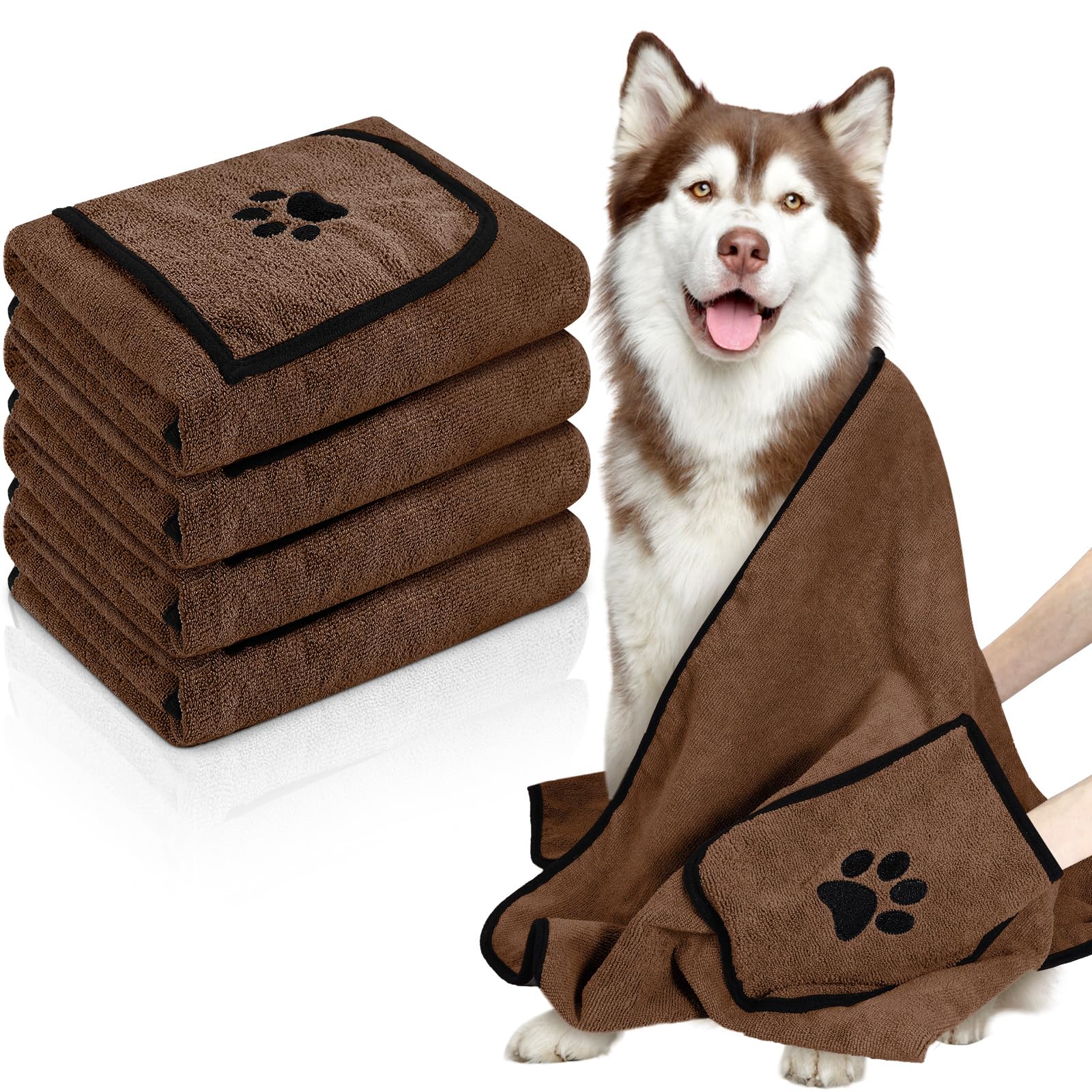 Mixweer 4 Pcs Dog Towels Microfiber Grooming Towel Quick Drying Towel with Hand Pockets Absorbent Cat Dog Towel for Drying Dogs Large Medium Small Shower Bath Supplies(Brown 42 x 26 Inch)