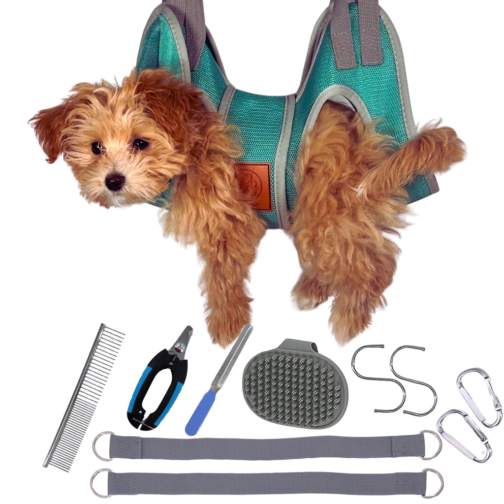 PawRanch Dog Grooming Hammock Harness for Dogs & Cats with Security Strap Dog Sling for Grooming/Ear/Eye Care with Nail Clippers/Trimmer Nail File Pet Comb Bonus Dog Wash Scrubber (X-Small)