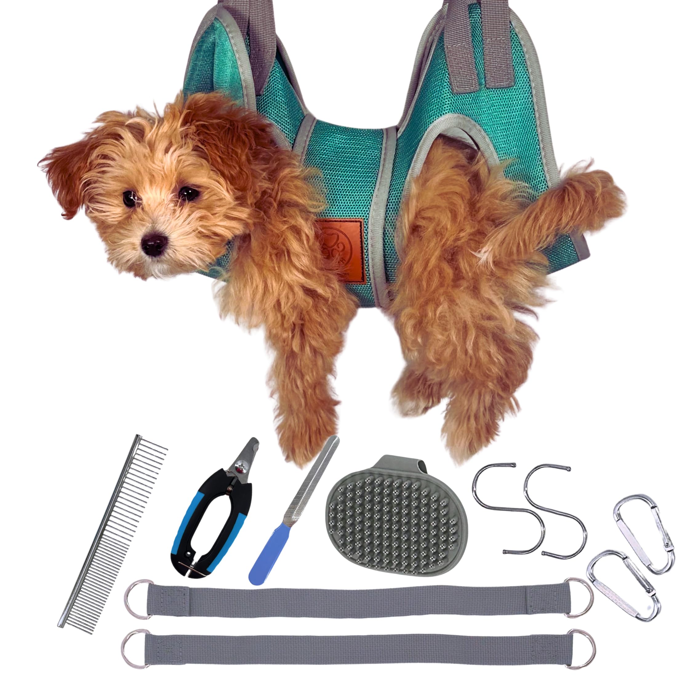 PawRanch Dog Grooming Hammock Harness for Dogs & Cats with Security Strap Dog Sling for Grooming/Ear/Eye Care with Nail Clippers/Trimmer Nail File Pet Comb Bonus Dog Wash Scrubber (X-Small)