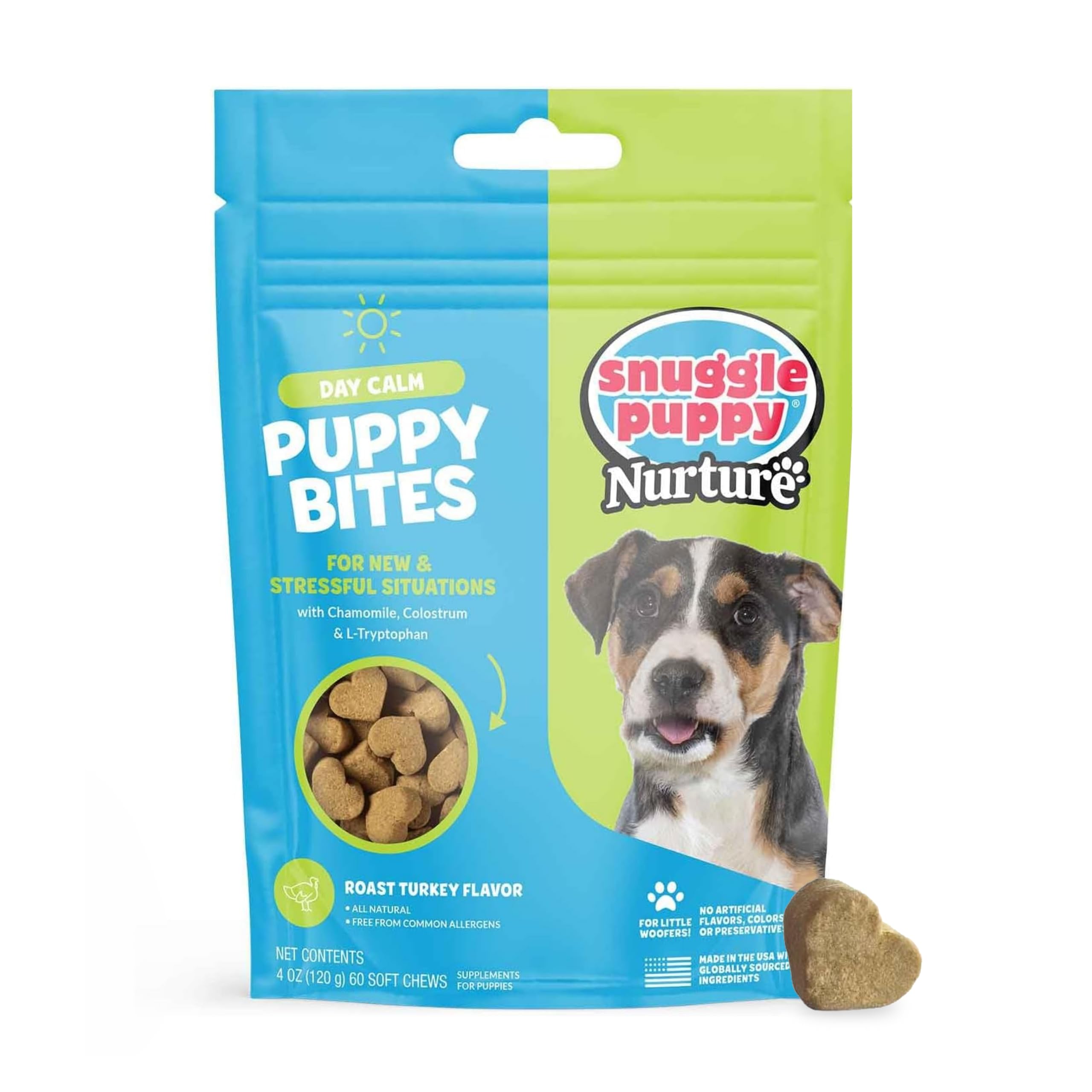 Snuggle Puppy Day Calm Puppy Bites - Calming Chew Bites for Dogs - Dog Supplement to Help with Separation Stress & Relaxation - Puppy Chew Bites with Colostrum Chamomile & Ashwagandha - 60 Soft Chews
