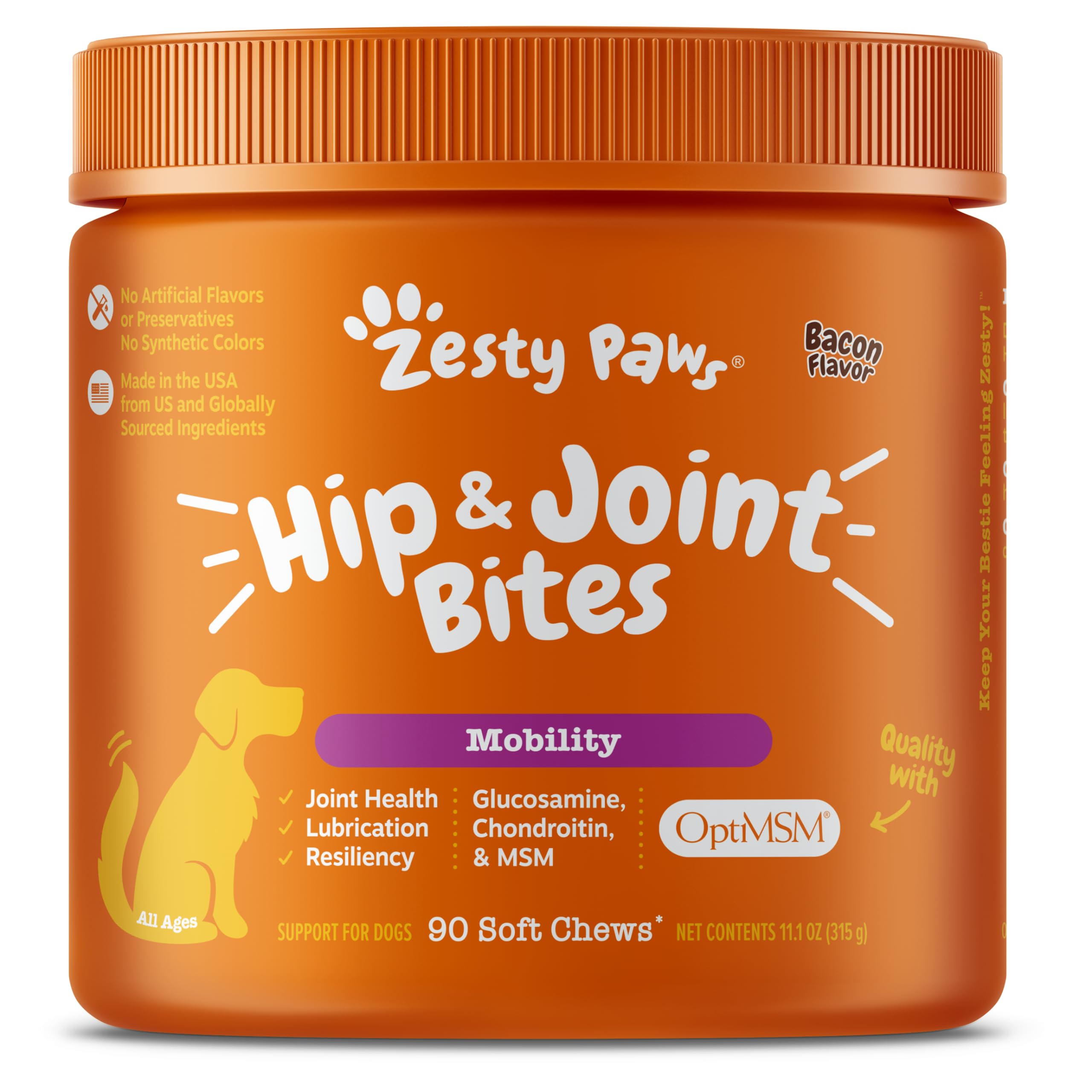 Zesty Paws Hip and Joint Supplement for Dogs - Glucosamine for Dog Joint Supplement - with Chondroitin MSM Vitamins C and E for Dog Joint Relief - Mobility Bites Bacon – 90 Count