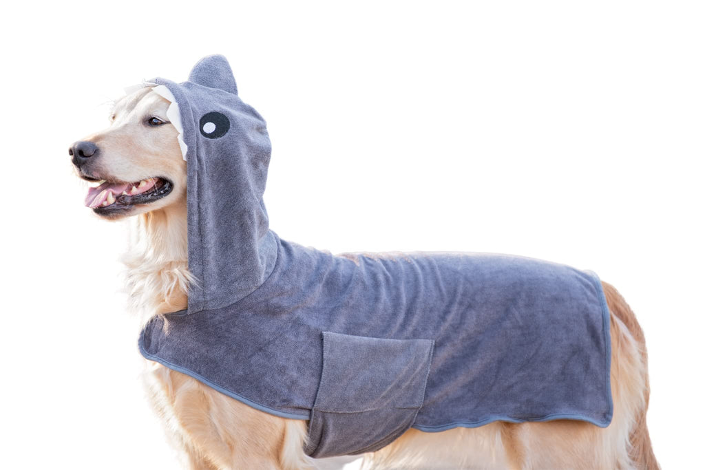 BoxDog Wearable Microfiber Dog Towel with Monster or Shark Hoodie | Soft Dog Bathrobe (Large Grey Shark)
