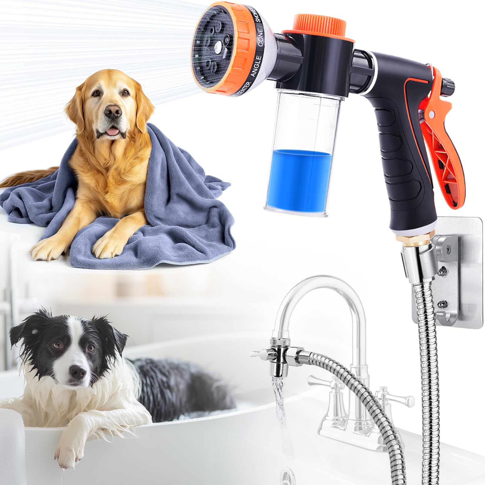 Dog Washing Hose Attachment with Dog Towels for Drying Dogs Large Bathtub Faucet Sprayer Attachment with Long Hose Pup Sprayer for Tub Faucet Attachment Indoor Dog Wash Shower Attachment
